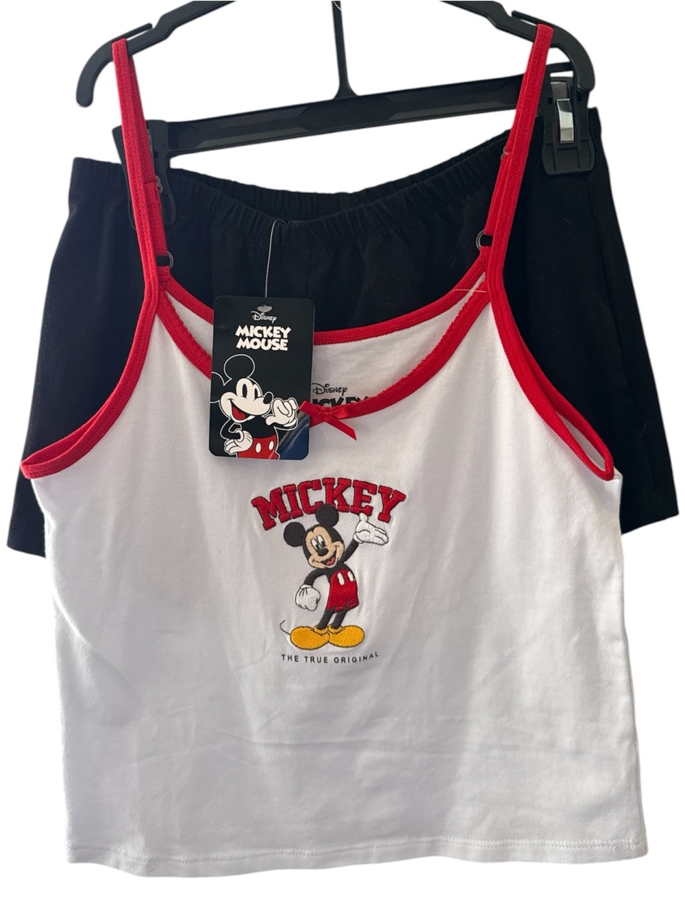 Disney White Tank Top & Black Shorts Mickey Pajama Set with Red Trim